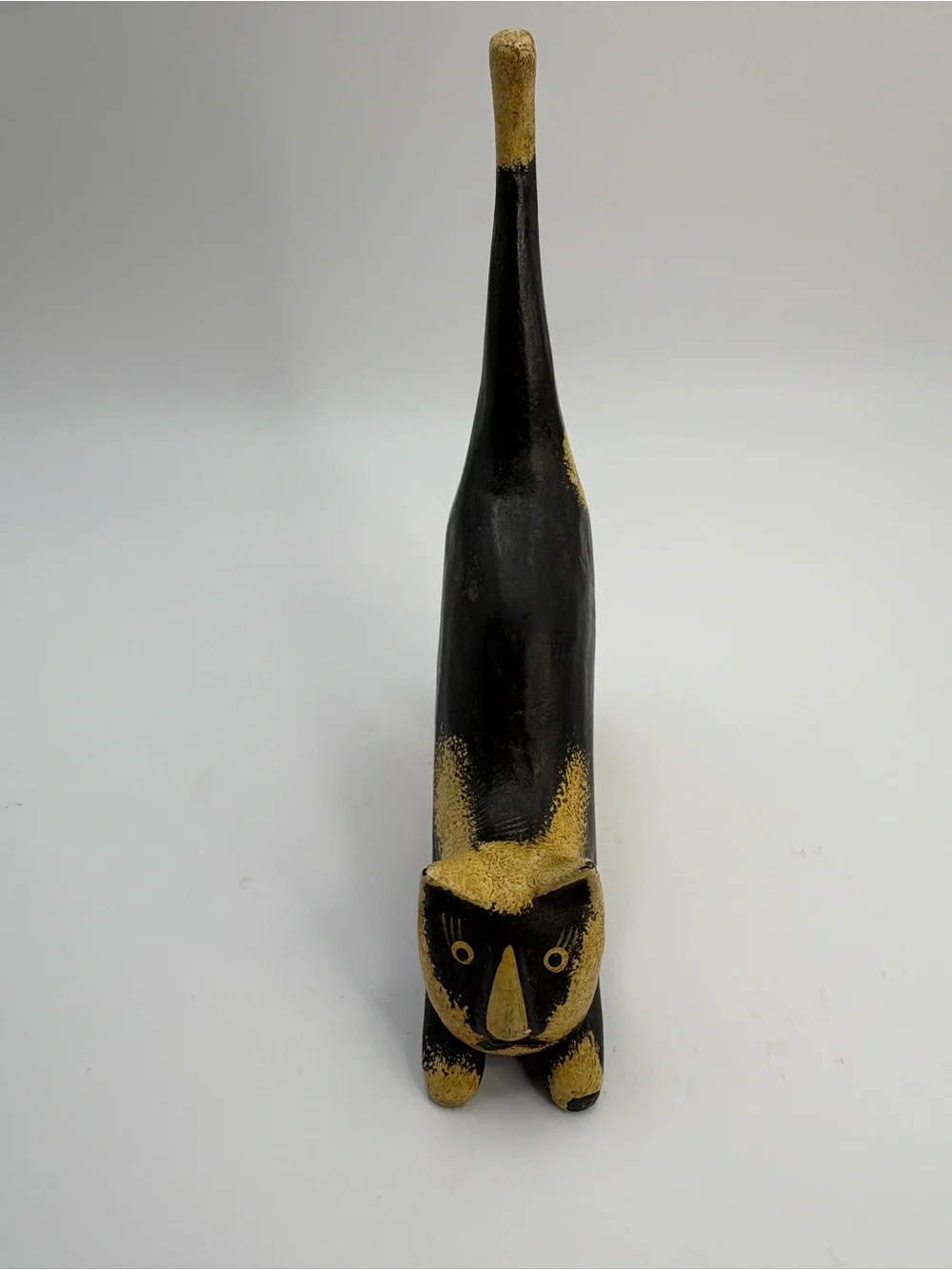 Vintage Bali Wood Hand Carved Long Tail Cat Figurine Black Cream Folk Art Decor